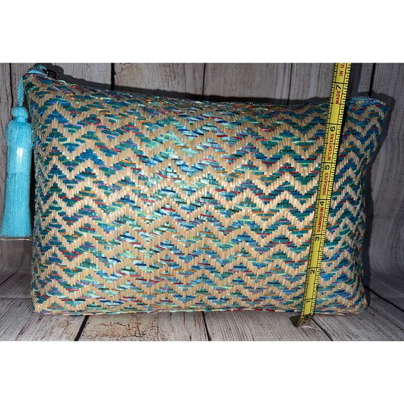 Lancome Paris Makeup Blue Beige Woven Straw Large Straw Cosmetic Bag Zipper - Picture 9 of 10